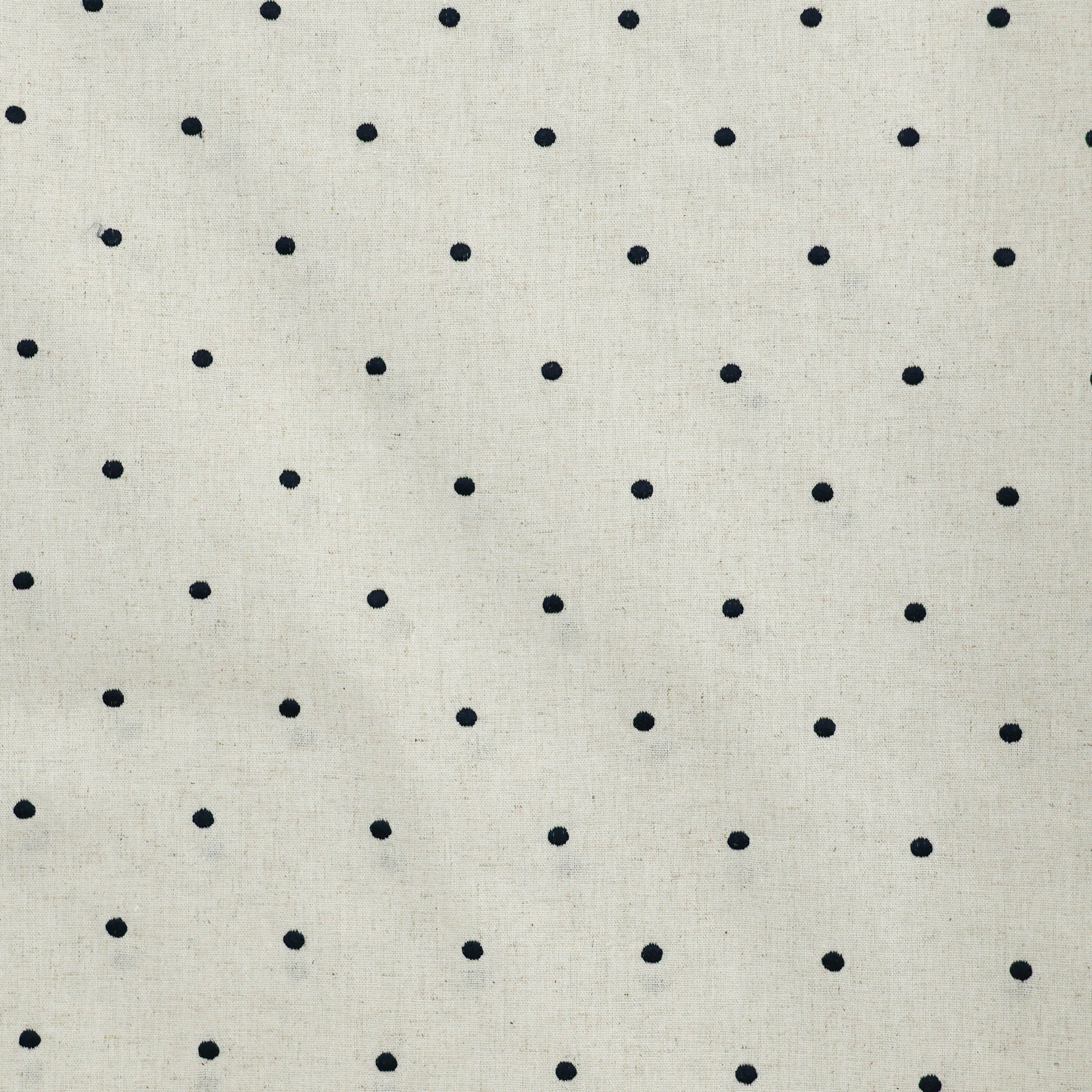 Viscosemengeling gebroken wit met geborduurde blauwe bolletjes